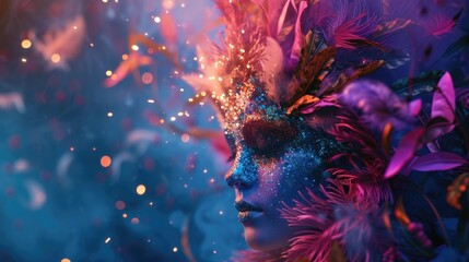 This image displays a striking close-up of an individual adorned with a lavish display of feathers, glitter, and intricate makeup in a palette of deep blues and vibrant purples, giving an ethereal and