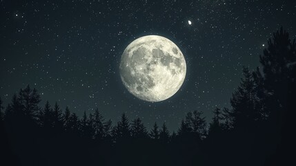 a full moon in the night sky with trees in the foreground and a few stars in the sky above.