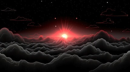 a computer generated image of the sun rising over a mountain range with mountains in the foreground and clouds in the background.