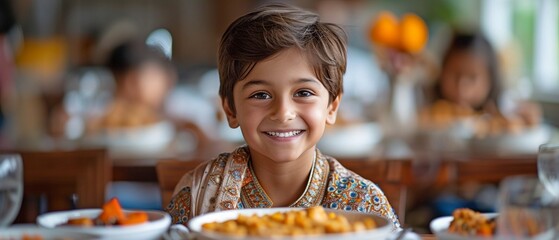Adorable Indian lad in his teens, dressed traditionally, eating a hearty breakfast at home while grinning broadly at the kitchen table.