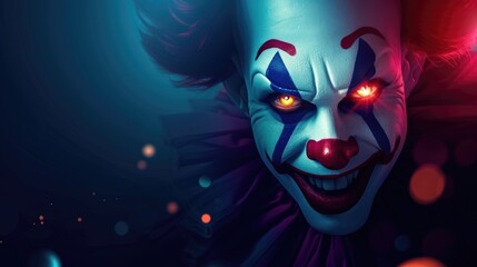 The image depicts a sinister clown character with a pale face, exaggerated red and blue makeup around the eyes, a menacing smile with red lips, and vibrantly colored hair. The clown's eyes have an unn