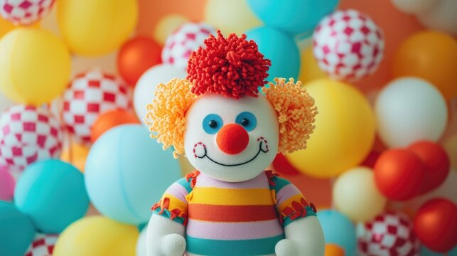 The image showcases a vibrant clown toy featuring a red yarn pom-pom hat, a joyous face with a red nose, curly yellow hair, and a striped colorful outfit. The toy clown sits against a lively backdrop 