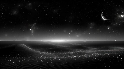 Fototapeta na wymiar a black and white photo of a night sky with stars and the moon in the distance with a mountain in the foreground.