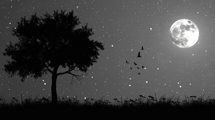 Fototapeta na wymiar a black and white photo of birds flying in the night sky and a tree with a full moon in the background.