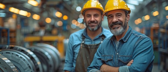 Fototapeta premium Two mature, attractive men mechanics in uniform are utilising a machine to fix or replace automotive parts, and their cooperative efforts are greatly appreciated.