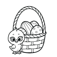 Cute cartoon chicken with basket with Easter eggs outlined for coloring on a white background