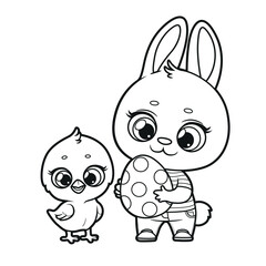 Cute bunny and chicken with an Easter egg in their paws outlined for coloring on a white background