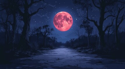 a night scene with a red full moon in the sky and a path leading to a forest filled with trees.