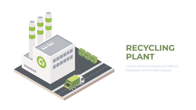 Isometric alternative energy. Recycling plant. Renewable energy plant building, battery panels eco power station 3d vector illustration. Green energy factory concept.