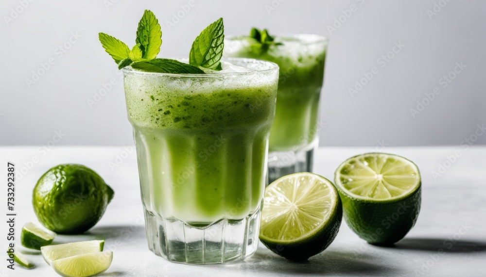 Poster Two glasses of green drinks with limes and mint leaves