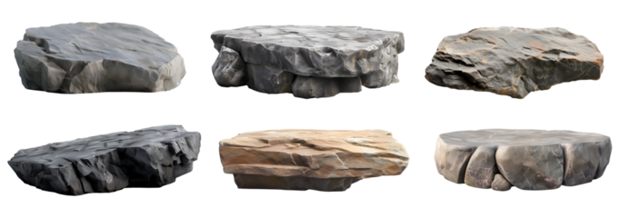 Collection set of long flat big hard rock boulder stone podium stage display on transparent background cutout, PNG file. Many different design. Mockup template artwork graphic