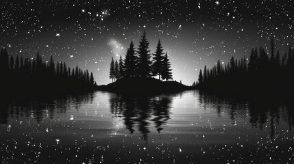a black and white photo of a night sky with stars and a small island in the middle of a lake.