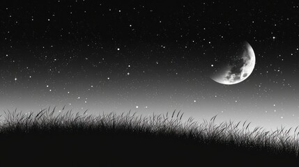 Fototapeta na wymiar a black and white photo of the moon in the night sky with grass in the foreground and stars in the background.