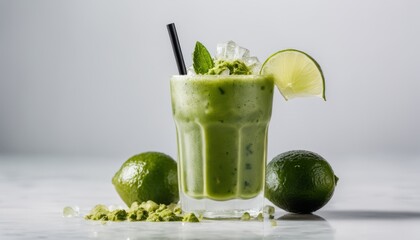 A glass of green liquid with a lime wedge on the rim