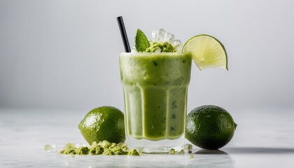 Fototapeta premium A glass of green liquid with a lime wedge on the rim