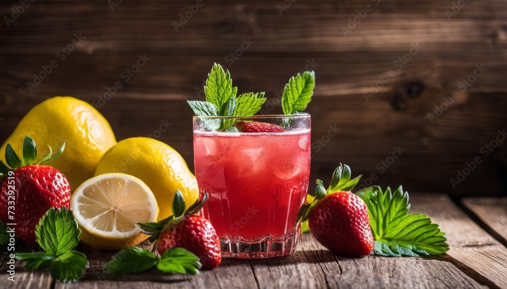 Poster A glass of lemonade with a lemon wedge and strawberry on the table