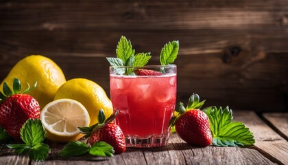 A glass of lemonade with a lemon wedge and strawberry on the table - obrazy, fototapety, plakaty