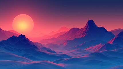 a computer generated image of a mountain range with the sun setting in the distance over the horizon of the mountain range.