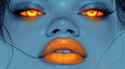a digital painting of a woman's face with bright orange eyes and orange lips, with a cigarette sticking out of her mouth.