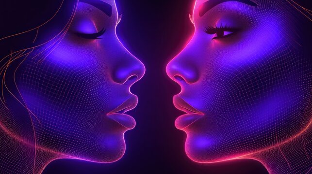 a close up of a woman's face next to another woman's face with bright lines on it.