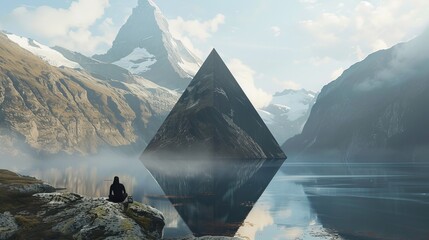 A Triangular Viewpoint on the Mountainside Unveils Stunning Lake and Landscape - obrazy, fototapety, plakaty