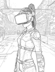 cyberpunk girl with VR glasses on background with futuristic city. page for coloring book.