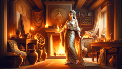 illustration of Hestia, the goddess of the hearth, home, and family in Greek mythology - obrazy, fototapety, plakaty