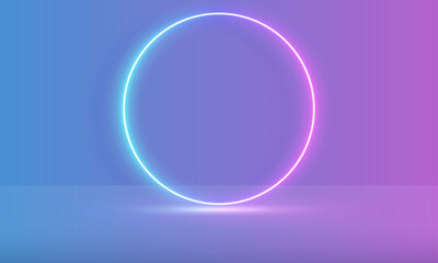 Vector 3d render, circle glowing in the dark, pink blue neon light, illuminate frame design. Abstract cosmic vibrant color backdrop. Glowing neon light. Neon frame with rounded corners.