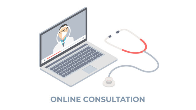 Online consultations with doctor. Communication with the doctor via video link. Woman stands in front of laptop and asks therapist about her health. Isometric cartoon vector illustration