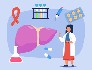 Female doctor examining healthy liver after cancer treatment. Vector illustration. Test tubes, pills, syringe and pink ribbon as cancer awareness symbol. Effective methods of destruction of cancer