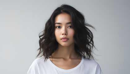 Fototapeta premium Portrait of an Asian mixed race woman in front of a white background. Personality testimonial. Black curly hair. Natural look. Fashion and Lifestyle. Model for product campaign or marketing campaign.