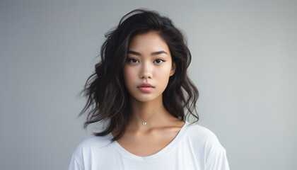 Portrait of an Asian mixed race woman in front of a white background. Personality testimonial. Black curly hair. Natural look. Fashion and Lifestyle. Model for product campaign or marketing campaign.