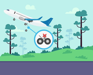 Airplane with landing gear problems vector illustration. Aircraft falling from sky because of damaged landing gear. Violations in construction concept