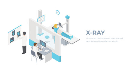Isometric 3D vector illustration roentgen x-ray study. Diagnosis and search for the disease with magnetic radiation. The doctor scans the patient with x-ray.