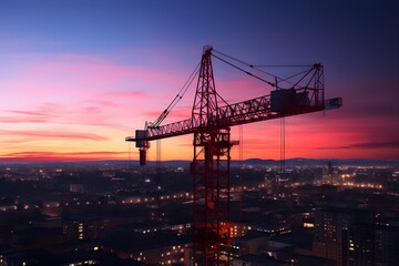 Obraz premium Crane constructing a building illuminated by morning glow