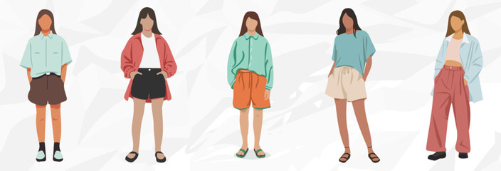 Mädchen in Oversize Sommerkleidung und Shorts // Minimalistische Vektor Illustrationen - obrazy, fototapety, plakaty