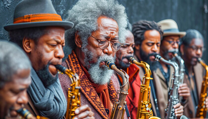 Group of musicians playing saxophone, Jazz Appreciation Month, April	 - obrazy, fototapety, plakaty