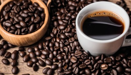 Fototapeta premium A cup of coffee sits on top of a pile of coffee beans