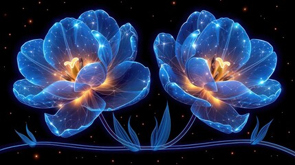 a couple of blue flowers sitting next to each other on a black background in the middle of two blue flowers.