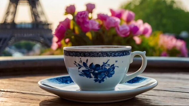 Cup of coffee, flowers against the background of the Eiffel Tower
​
