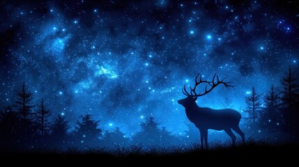 a deer standing in the middle of a forest under a night sky filled with stars and a lot of stars.