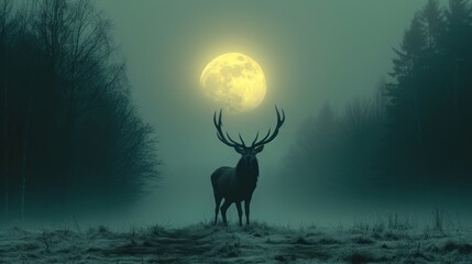 a deer standing in the middle of a forest at night with a full moon in the sky in the background.