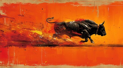 a painting of a bull running across a body of water with it's tail spewing out of it's mouth.