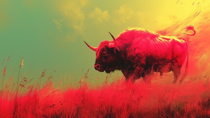 a painting of a bull standing in a field of tall grass with red and yellow smoke coming out of it.