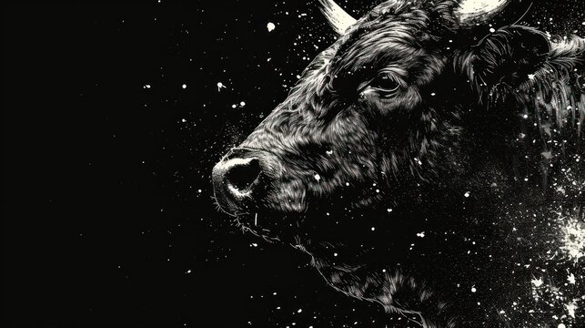 a black and white photo of a bull's head in the night sky with snow flakes all over it.