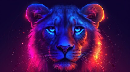 a close up of a lion's face on a dark background with a bright blue and red light coming from its eyes.