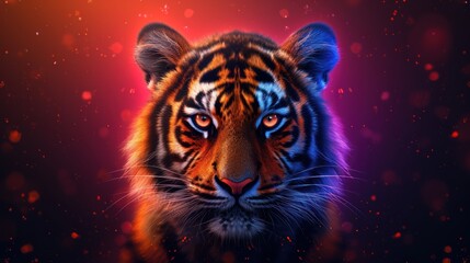 a close up of a tiger's face on a dark background with red and blue lights in the background.