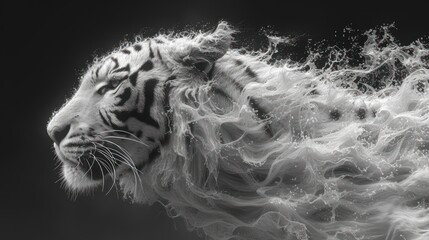 a black and white photo of a tiger's head with water splashing on it's face and a black background. - obrazy, fototapety, plakaty