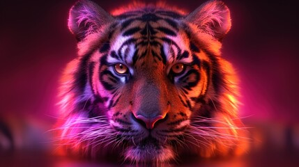a close up of a tiger's face on a dark background with a red and purple light behind it.