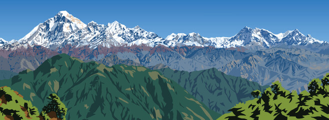 Mount Dhaulagiri and Mt Annapurna peaks as seen from Jaljala pass vector illustration, Nepal Himalayas mountains - obrazy, fototapety, plakaty